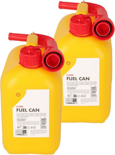 Shell Jerrycan/benzinetank - 2x - 5 liter - geel - kunststof - met lange schenktuit