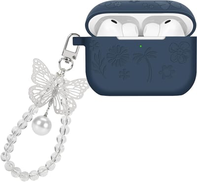 Beschermhoes voor AirPods Pro 3e generatie 2025 met sleutelhanger, stootvast en antislip, bloemenpatroon en donkerblauw design