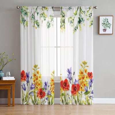 Aquarel Bloemen En Takken Transparante Gordijnen voor Woonkamer Transparant Tule Raamgordijn Slaapkamer Keuken Voile Draperieën 135W x 114H(cm) white