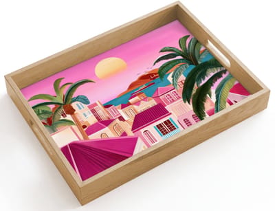 Dienblad hout 40x30 cm - Schootdienblad - Stad - Roze - Palmbomen - Borrelplank rechthoek - Plateau dienbladen
