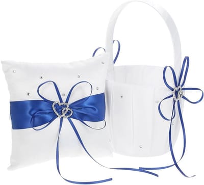 Bruiloft Set - Ringkussen Mand - Huwelijksceremonie - Dubbel Hart Ontwerp - 23x12 cm - Wit Blauw