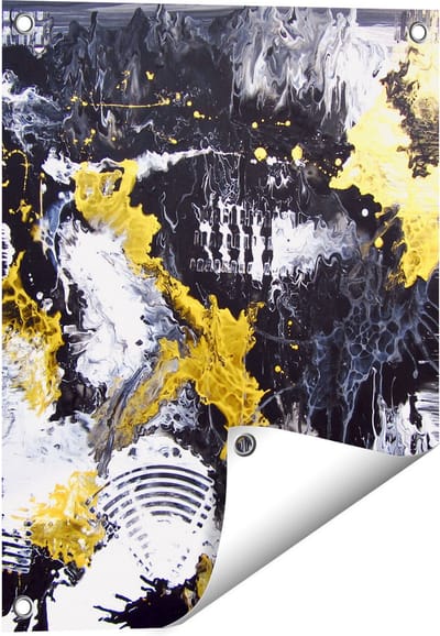 Gards Tuinposter Abstracte Kunst met Zwart, Wit en Goud - 40x50 cm - Tuindoek - Tuindecoratie - Wanddecoratie buiten - Tuinschilderij