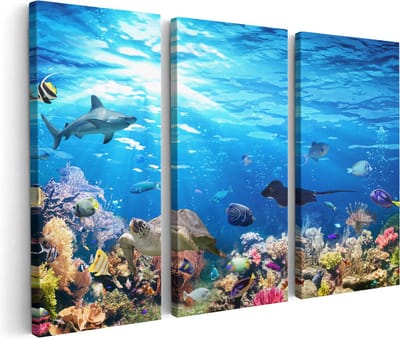 Artaza Canvas Schilderij Drieluik Vissen met Koraalrif Onder Water - 180x120 - Groot - Foto Op Canvas - Canvas Print