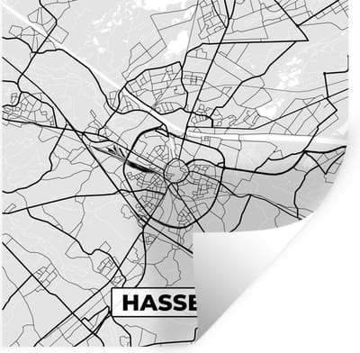 Muurstickers - Sticker Folie - Stadskaart – Plattegrond – België – Zwart Wit – Hasselt – Kaart - 100x100 cm - Plakfolie - Muurstickers Kinderkamer - Zelfklevend Behang XXL - Zelfklevend behangpapier - Stickerfolie