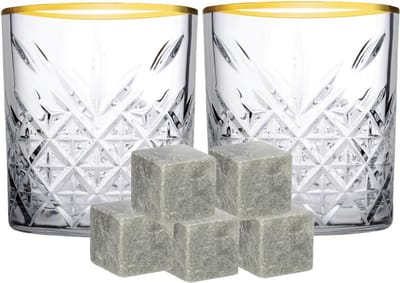 Pasabahce whiskyglazen - set 4x stuks van 350 ml - en 9x whisky ijsblokstenen - Cadeau set vaderdag