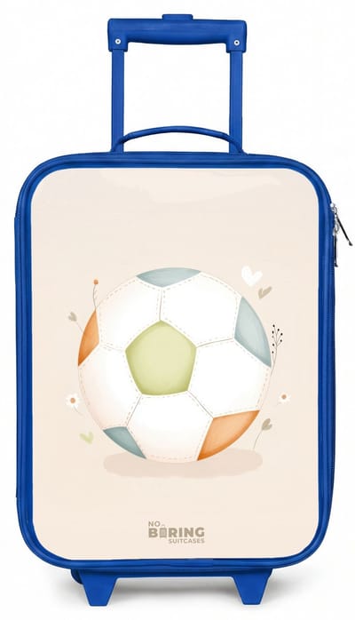 NoBoringSuitcases.com® - Kinderkoffer blauw - Kindertrolley jongen - Voetbal in beige pastel kleuren - Koffer kind lichtgewicht - Reiskoffer trolley voor kinderen - Koffertje met lichtgevende wieltjes - Rolkoffer
