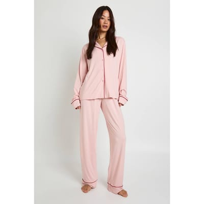 boohoo Dames Tall Jersey Pyjama Set met Paspeldetail - Shirt met Lange Mouwen & Broek | Baby Roze | Maat: 36