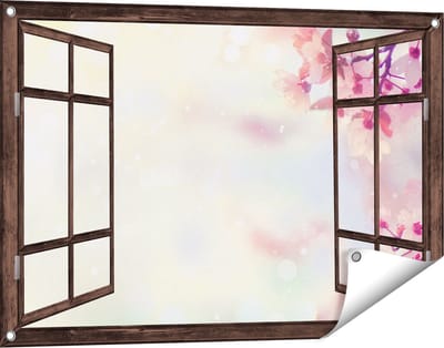 Gards Tuinposter Doorkijk Roze Bloesemboom met Zonneschijn - 90x60 cm - Tuindoek - Tuindecoratie - Wanddecoratie buiten - Tuinschilderij