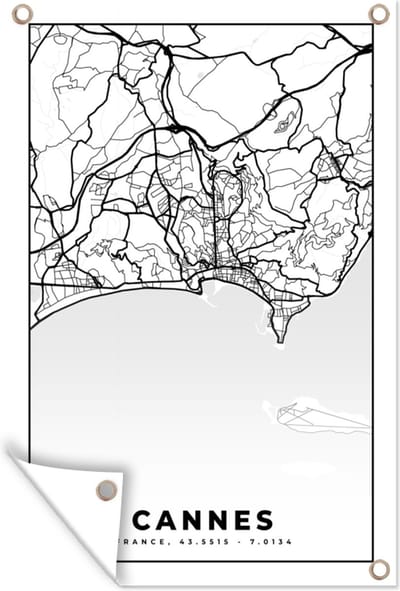 Muurdecoratie Kaart - Plattegrond - Cannes - Frankrijk - Stadskaart - Zwart wit - 120x180 cm - Tuinposter - Tuindoek