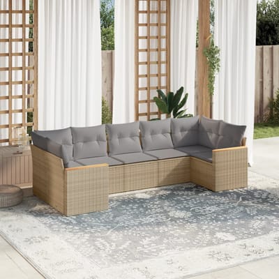 vidaXL - 7-delige - Loungeset - met - kussens - poly - rattan - gemengd - beige