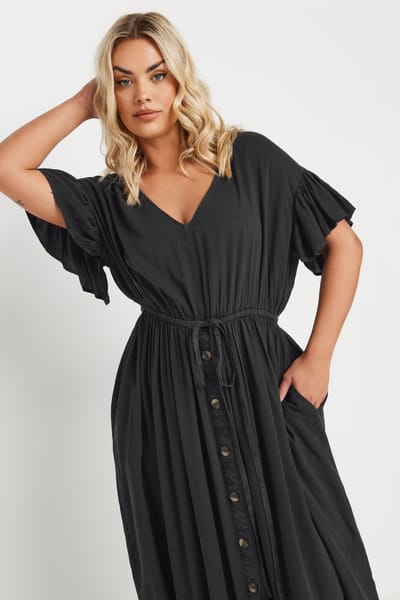 Yours Chambray Maxi Jurk Met Korte Mouwen En Knoopdetail In Zwart Size 50-52