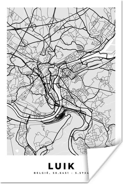 Poster Stadskaart – Plattegrond – België – Zwart Wit – Luik – Kaart - 120x180 cm XXL
