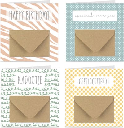 4x Kaarten met cadeau envelop / Verjaardagskaarten / Wenskaarten | voor geld of cadeaukaart | PASTEL | incl. sluitstickers | jarig / verjaardag