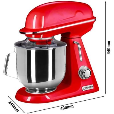 GGM Gastro Planetenrührmaschine - 7 Liter - 350 Watt - inkl. 3 Rühraufsätze & Spritzschutz - Rot - Tischgerät Rood