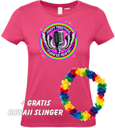 Dames T-shirt Happy Together Flower Power | Love for all | Gay Pride | Regenboog LHBTI | Fuchsia dames | maat XS