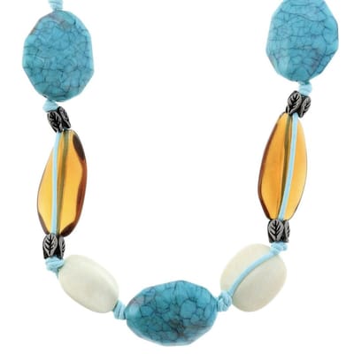 Behave Lange ketting - Turquoise en bruine kralen op touw