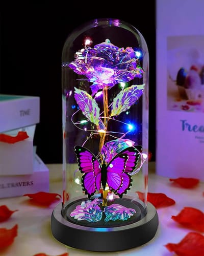 Kristallen Roos - Bloem Decoratie - Romantisch Cadeau - Met LED Verlichting - 22 cm Hoog - Paars