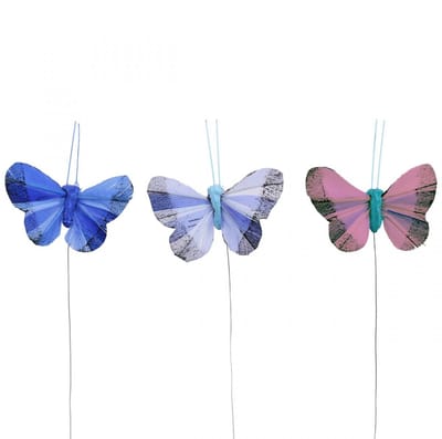 Decoratieve vlinders veer vlinder roze, blauw 6cm 24 st, 24 Stück