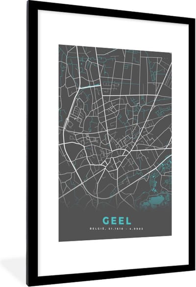 Fotolijst incl. Poster - Kaart – Plattegrond – Stadskaart – Geel – België - Grijs - 60x90 cm - Posterlijst