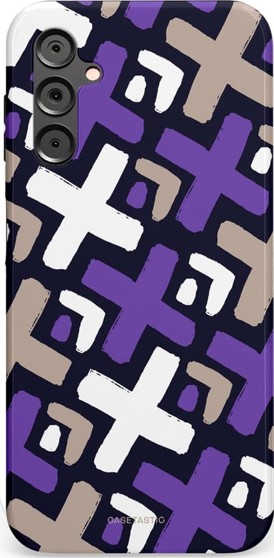 Casetastic hoesje geschikt voor Samsung Galaxy A14 (2023) 5G / Samsung Galaxy A14 (2023) 4G - Dubbellaagse bescherming - Fresh Paars Witte X's - Fashion Case - Donkerblauw Zilver Lavendel Wit