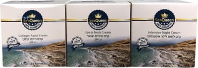 Geschenkset Moederdag cadeautje voor haar set SeaQueen - Dead Sea Minerals - Collagen Facial Cream & Eye & Neck Cream & Intensive Night Cream (Dode Zeezout Mineralen Set - Collageen Gezichtscreme & Oog & Nek Creme & Intensieve Nachtcreme)
