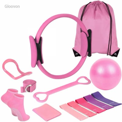 Gloovon® 13-Delige Pilates Set - Incl. Pilates Ring & Bal - 5 Weerstandsbanden - Thuis Workout - Roze