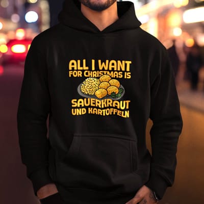 Foute Kerst Hoodie Zwart All I Want For Christmas Is Sauerkraut Und Kartoffeln XS - Uniseks Pasvorm - Kerstkleding Voor Dames & Heren