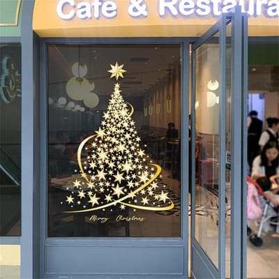 QTTVBTNA - Kerstboom Raamstickers - PVC Statische Sticker - Kerstdecoratie - Feestdagen, Huizen, Kantoren - Herbruikbaar - Goud - 78x55cm - 2 Stuks