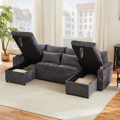 Hoekbank met slaapfunctie 206 x 130 cm - 3-zits Slaapbank met Opberglade, Omkeerbare Chaise Longue, Fluwelen L-vorm Bank, Logeerbed 180 x 124 cm -ZWART - Vermissen