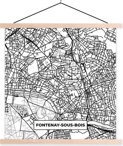 Posterhanger incl. Poster 40x40 cm - Schoolplaat - Stadskaart - Frankrijk - Fontenay-sous-Bois - Kaart - Plattegrond - Zwart wit - Textielposter - Blanke latten - Stadskaart
