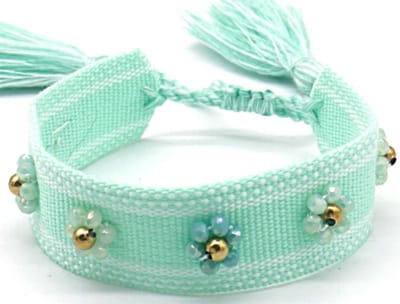 Stoffen Armband Dames - RVS Kralen - Lengte Verstelbaar - Lichtblauw