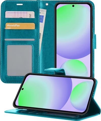 Hoesje - Geschikt voor Samsung Galaxy S24 FE - Luxe Bookcase - Walletcase Hoes - Portemonnee - Cover - Telefoonhoes - Turquoise