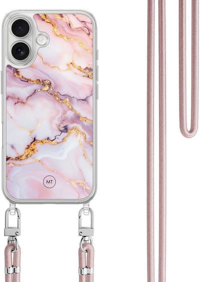 Hoesje met koord geschikt voor iPhone 16 - Marble pink - Inclusief zwart koord - Crossbody beschermhoes - Transparant, Multi - Mooie Telefoonhoesjes
