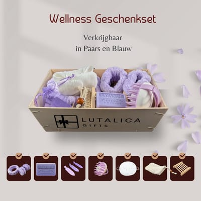 Wellness Giftset in cadeauverpakking. Lutalica geschenkset bevat spa-accessoires en Marseillaise lavendel zeep