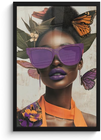 Poster in lijst - Fotolijst 40x60 cm - Posters - Vrouw - Zonnebril - Vlinder - Bloemen - Posterlijst zwart - Decoratie - Wanddecoratie woonkamer - Muurdecoratie slaapkamer