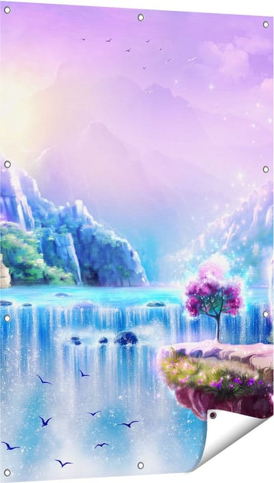 Gards Tuinposter Kleurrijke Sprookjes Waterval - Abstract - 80x120 cm - Tuindoek - Tuindecoratie - Wanddecoratie buiten - Tuinschilderij