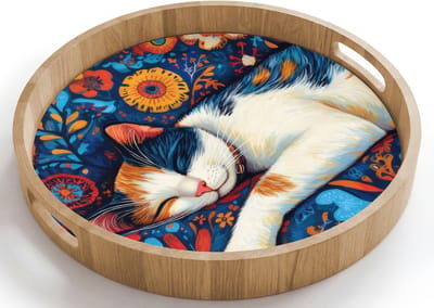 Dienblad rond 40x40 cm - Schootdienblad hout - Kat - Bloemenpatroon - Blauw - Oranje - Borrelplank rechthoek - Plateau houten dienbladen
