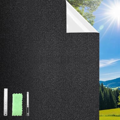 Famanu – Verduisterende raamfolie, niet-klevende privacyfilm voor glazen ramen, anti-UV, verduisterende jaloezieën voor ramen, zwart en wit, 44,3 x 200 cm