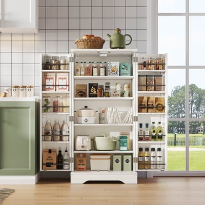 Keukenkasten Opbergkast - Vrijstaande Keuken Opbergkast met 2 Deuren - Met LED-verlichting - 60x40x120cm - Geschikt voor de eetkamer of woonkamer - Wit