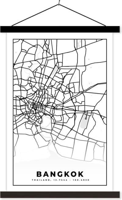 Posterhanger incl. Poster 40x60 cm - Schoolplaat - Bangkok - Zwart Wit - Plattegrond - Stadskaart - Kaart - Textielposter - Zwarte latten - Stadskaart