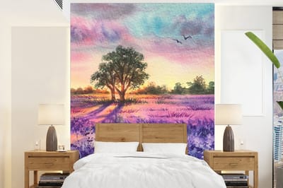 Behang - Fotobehang Lavendel - Verf - Vogels - Bomen - Paars - Breedte 205 cm x hoogte 280 cm