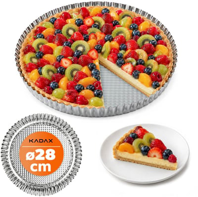 KADAX Tartelette-vormpjes van verzinkt plaatstaal met antiaanbaklaag, quichevorm in 3 maten, fruitcakevorm, ronde fruittaartvorm (diameter 28 cm, zilver)