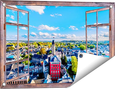 Gards Tuinposter Doorkijk Maastricht Stad met Huizen - 60x40 cm - Tuindoek - Tuindecoratie - Wanddecoratie buiten - Tuinschilderij