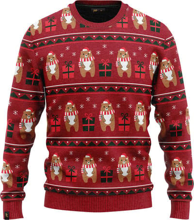JAP Christmas Kersttrui (maat M) - 100% Gerecycled - Kriebelt niet - Kerstcadeau volwassenen - Foute Kersttrui dames en heren - Beer met geschenk - Rood