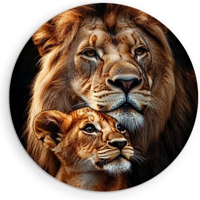 Saammp Muurcirkel Hout - Leeuw en welp bij elkaar - Dieren - Natuur - Ø 90 - Wandcirkel - Wanddecoratie Cirkel - Muurdecoratie Woonkamer - Slaapkamer decoratie - Rond Schilderij