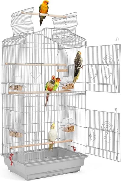 Papa simba Vogelkooi ,volière ,vogelkooi met draagbaar handvat met 4 voerbakken ,3 zitstokken, 46 x 35 x 92 cm , lichtgrijs , HMTM-BC-10001-Grey