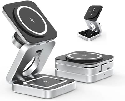 DrPhone TriCharge Pro 3 In 1 Opvouwbare Magnetische Draadloze Oplader Standaard - Compatibel met iPhone / Airpods / Apple Watch - Zilver