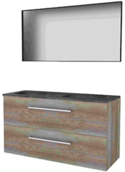 Basic-Line Framed 46 Badkamermeubelset - 120 x 46 cm - Met Grepen - 2 Lades - Hardstenen Wastafel - Zonder Kraangat - Spiegel met Zwart Aluminium Frame - Scotch Oak