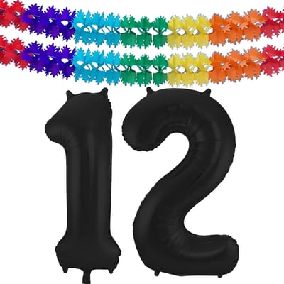 Folat folie ballonnen - Leeftijd cijfer 12 - zwart - 86 cm - en 2x feestslingers gekleurd 600 cm - versiering - feestartikelen