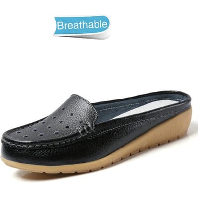 Zomer Echt Leer Dames Flats Hol Slip On Leren Loafers Damesschoenen Koreaanse Stijl Zachte Mocassins Halve Pantoffels Maat 43 39 black